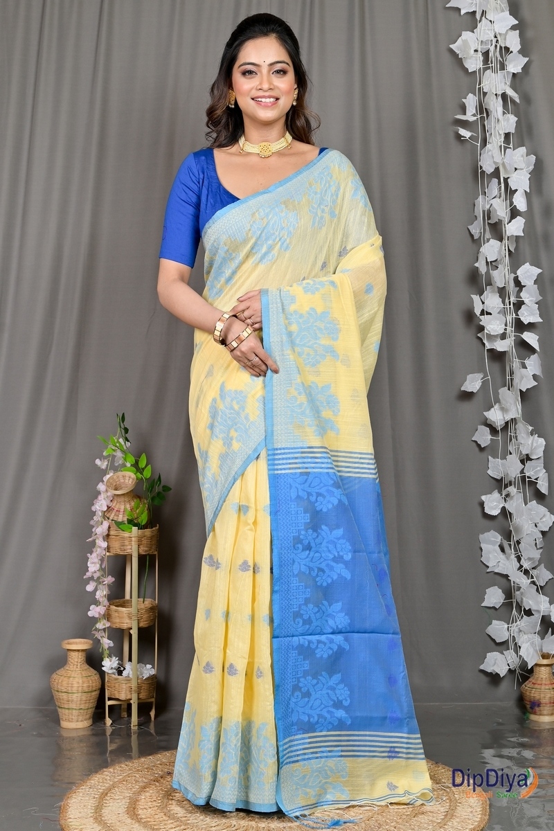Yellow Blue Cotton Blended Parup Hand Loom Saree (557)