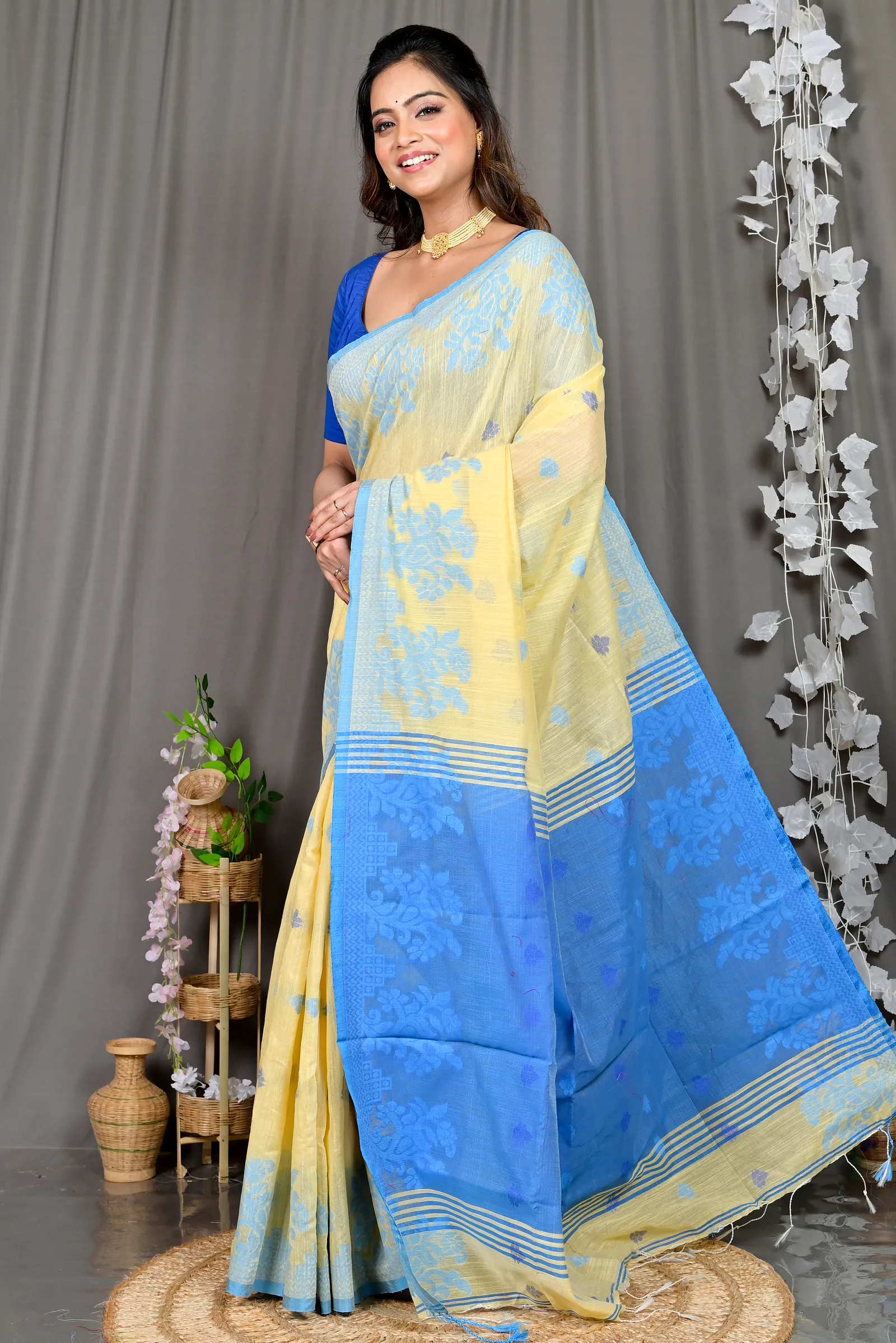 Yellow Blue Cotton Blended Parup Hand Loom Saree (557)
