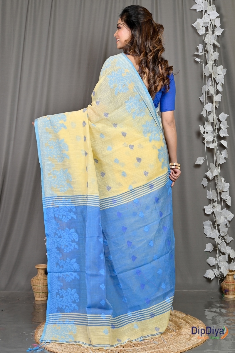 Yellow Blue Cotton Blended Parup Hand Loom Saree (557)