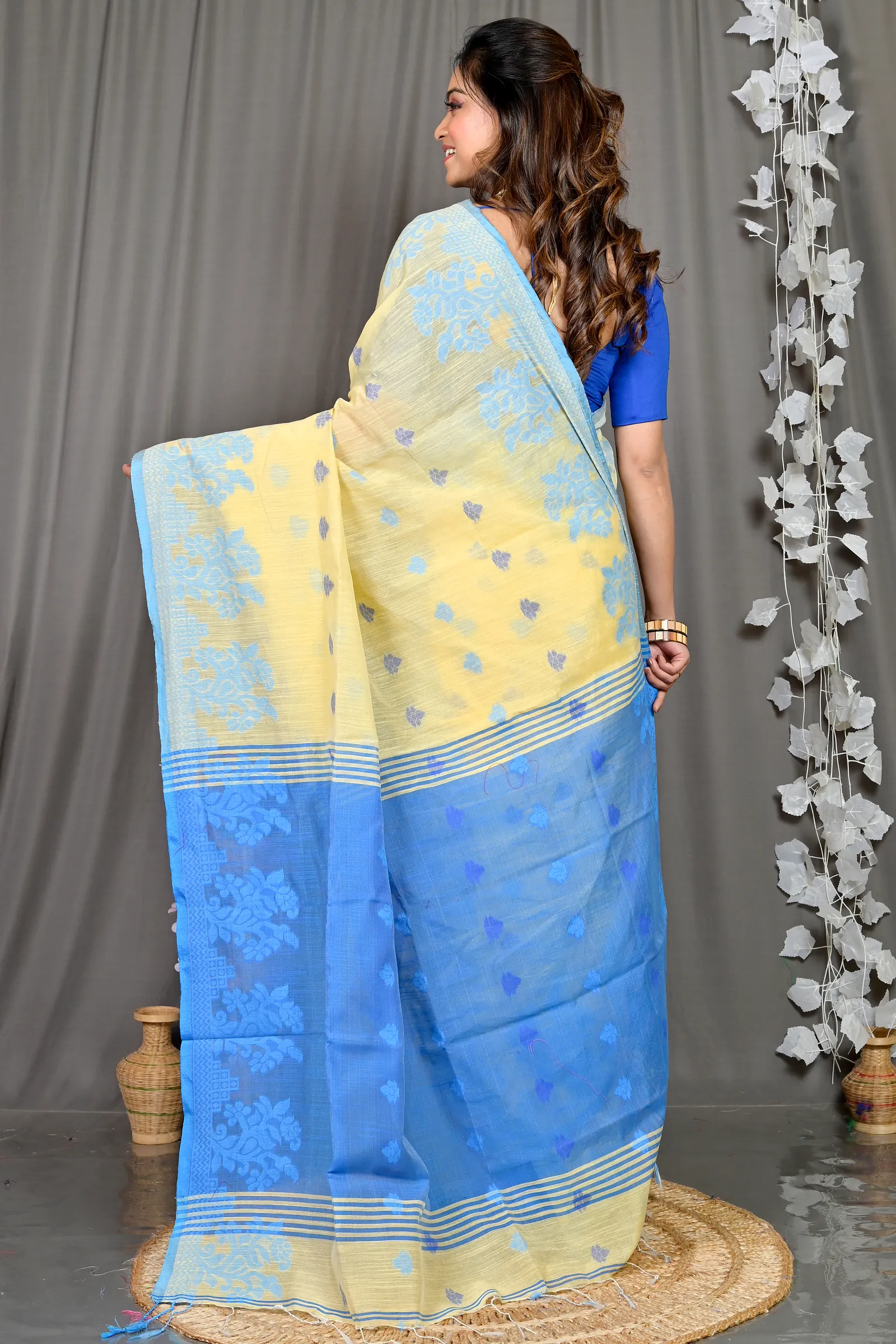 Yellow Blue Cotton Blended Parup Hand Loom Saree (557)