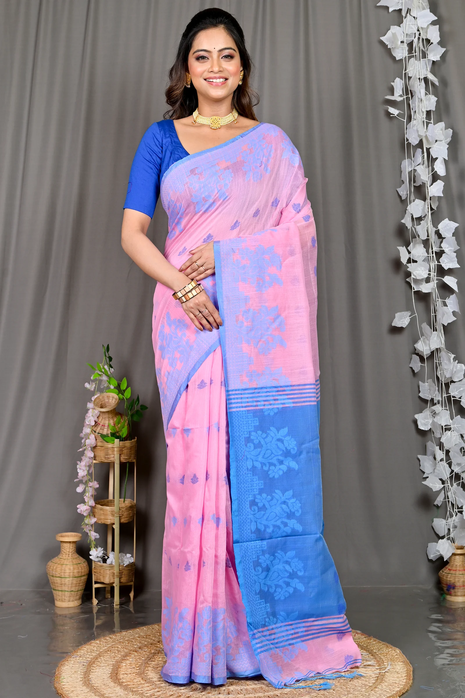 Pink Blue Cotton Blended Parup Hand Loom Saree (558)