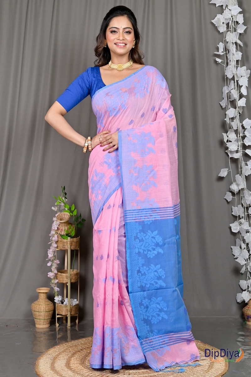 Pink Blue Cotton Blended Parup Hand Loom Saree (558)