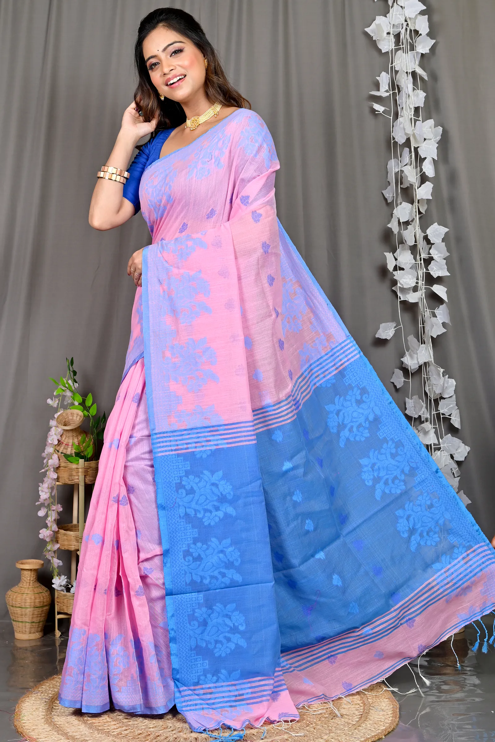 Pink Blue Cotton Blended Parup Hand Loom Saree (558)