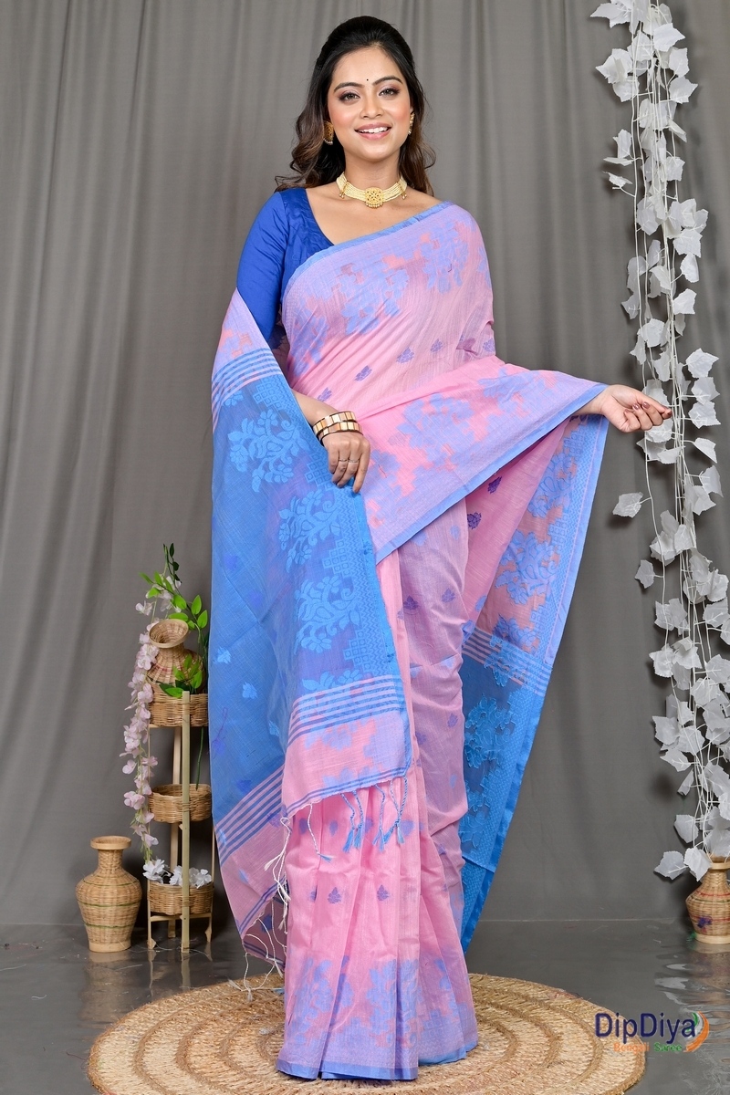 Pink Blue Cotton Blended Parup Hand Loom Saree (558)