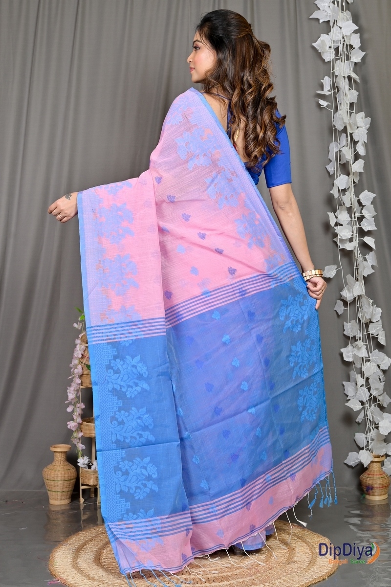 Pink Blue Cotton Blended Parup Hand Loom Saree (558)