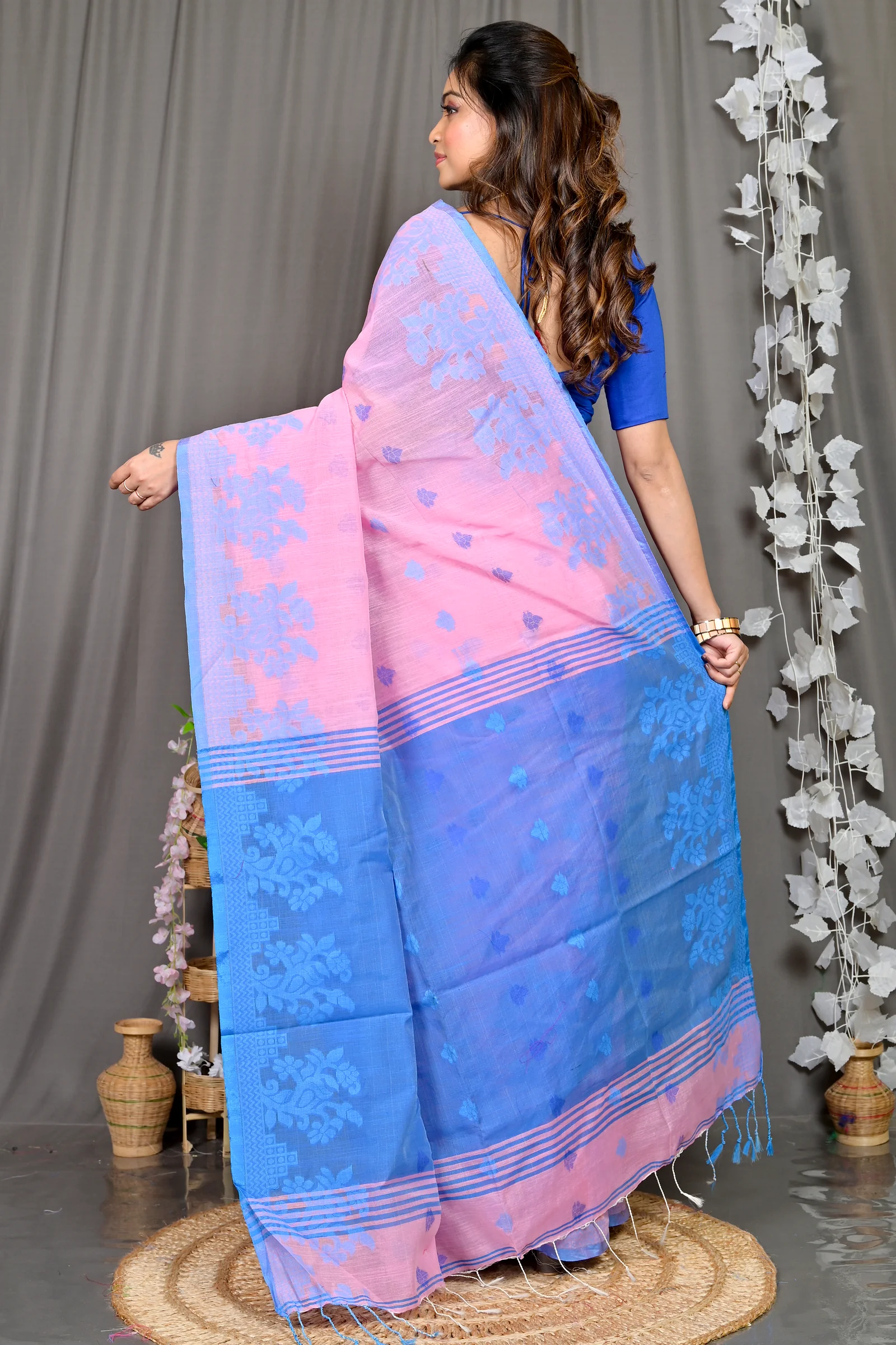 Pink Blue Cotton Blended Parup Hand Loom Saree (558)