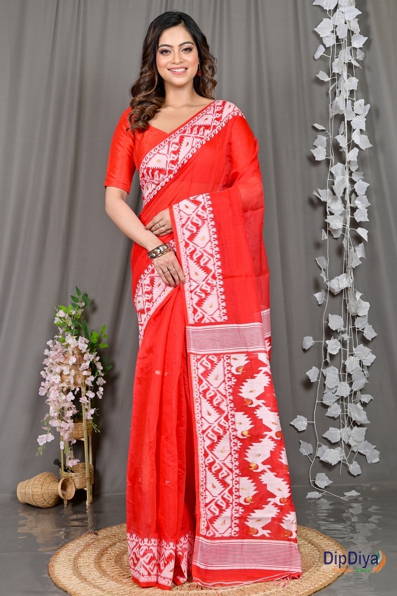 Red White Cotton Blended Parv Jamdani Saree (559)