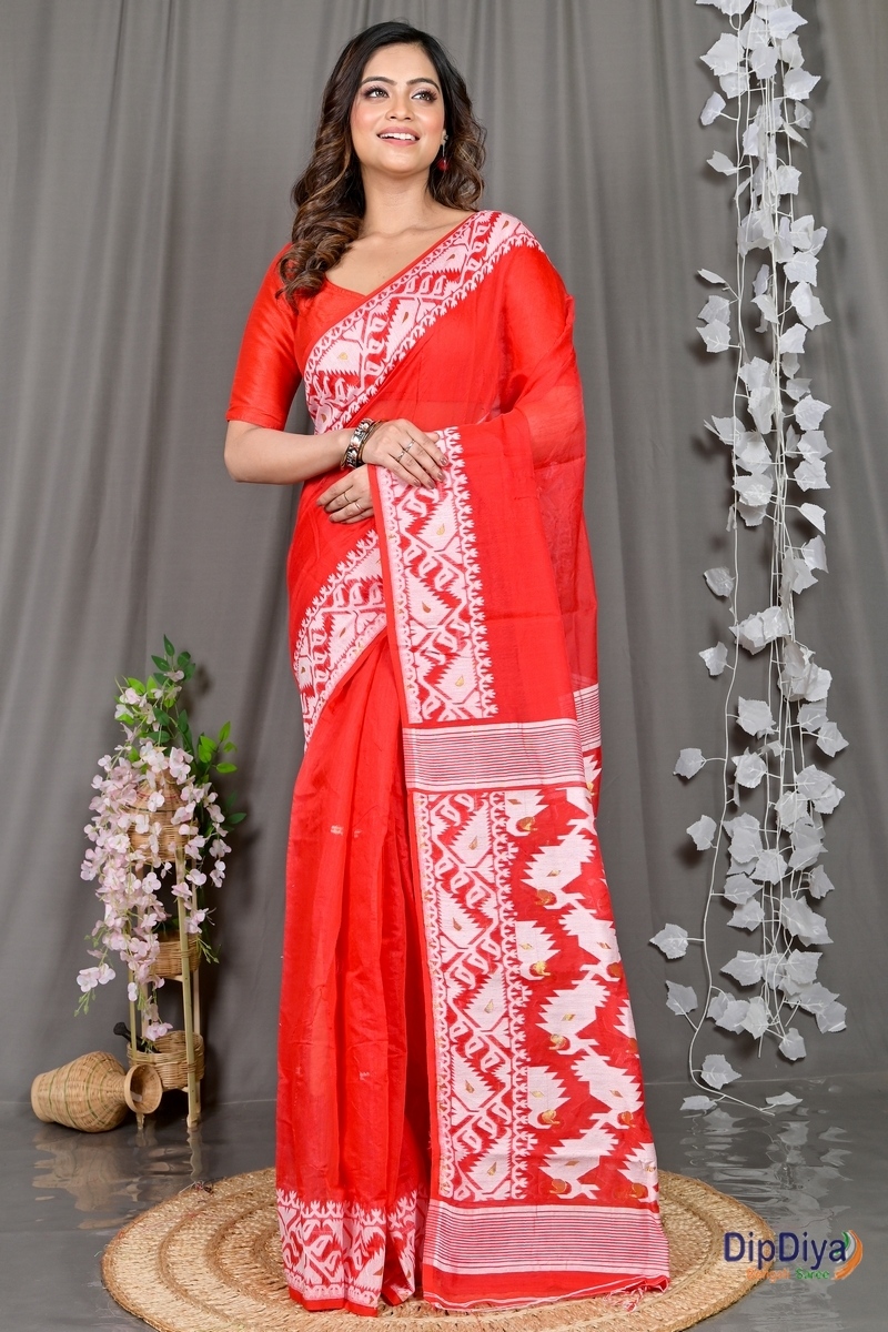 Red White Cotton Blended Parv Jamdani Saree (559)