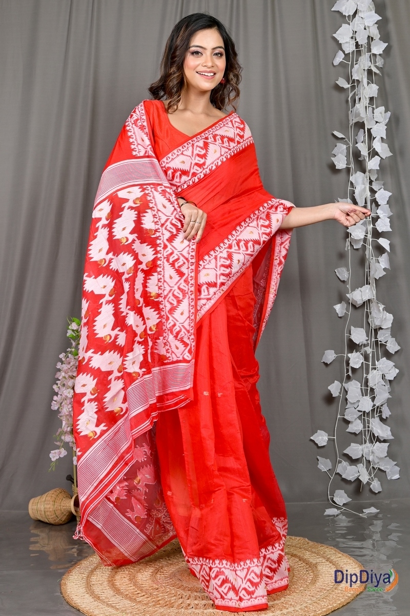 Red White Cotton Blended Parv Jamdani Saree (559)