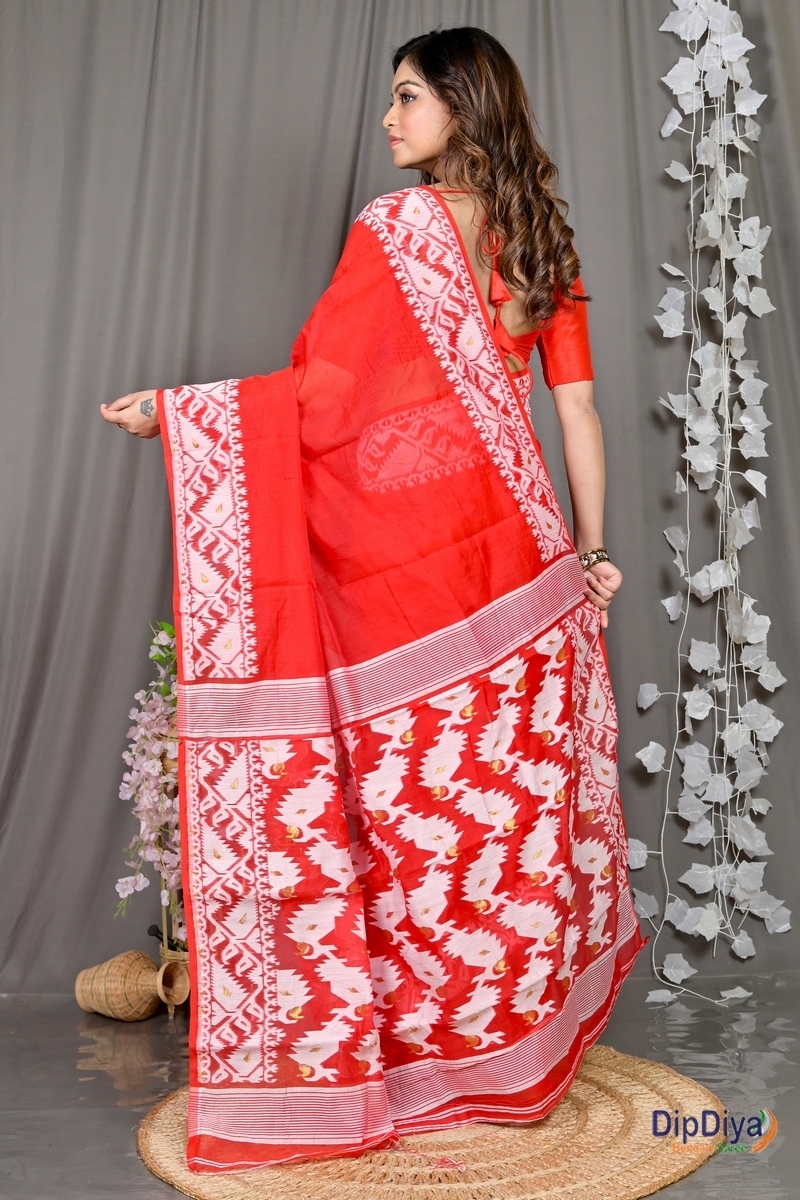 Red White Cotton Blended Parv Jamdani Saree (559)