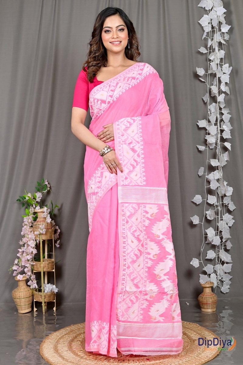 Pink White Cotton Blended Parv Jamdani Saree (560)