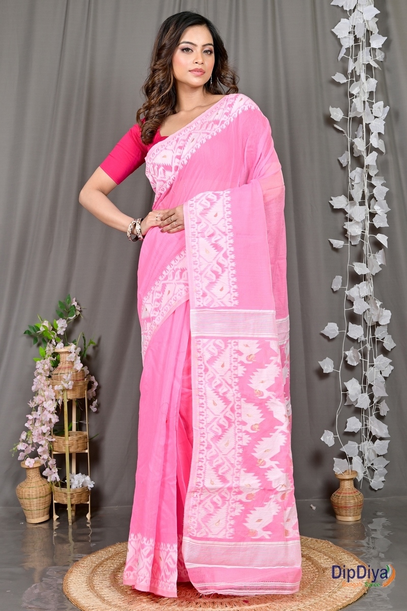 Pink White Cotton Blended Parv Jamdani Saree (560)