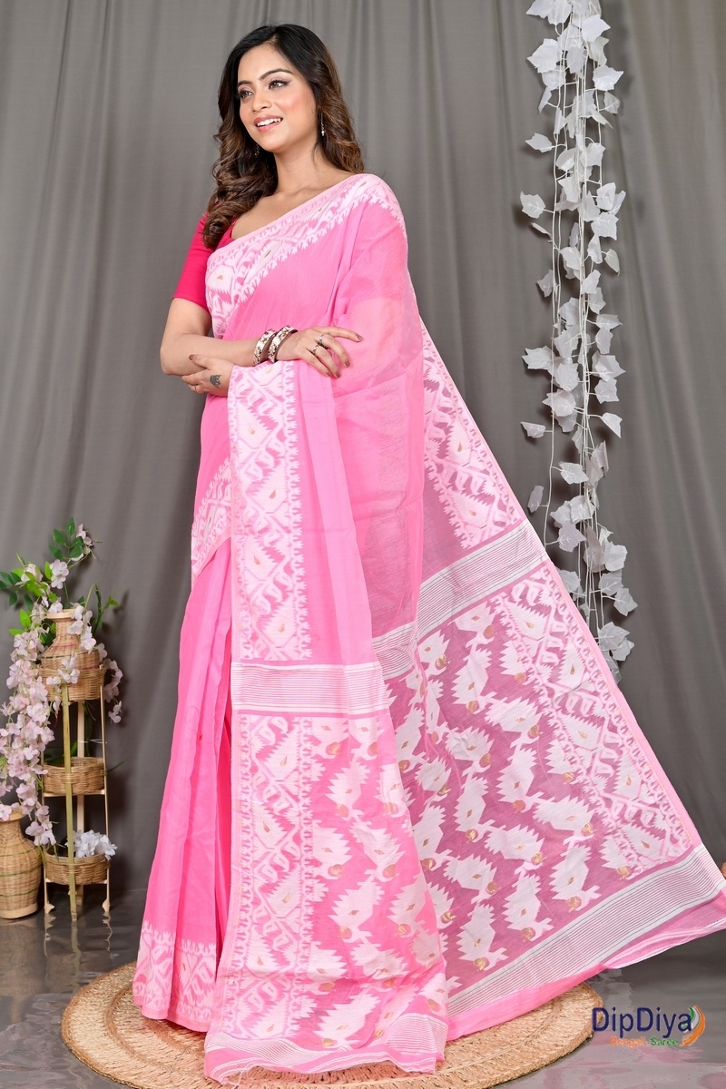 Pink White Cotton Blended Parv Jamdani Saree (560)