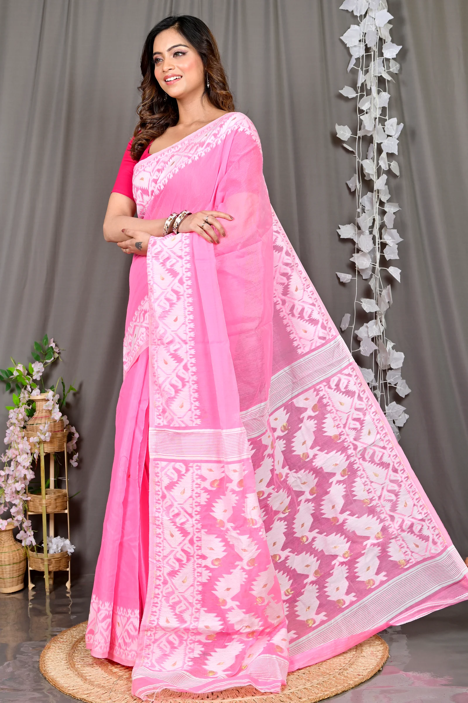 Pink White Cotton Blended Parv Jamdani Saree (560)