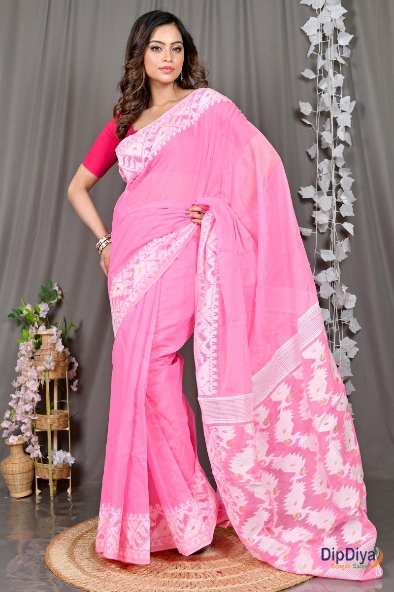Pink White Cotton Blended Parv Jamdani Saree (560)