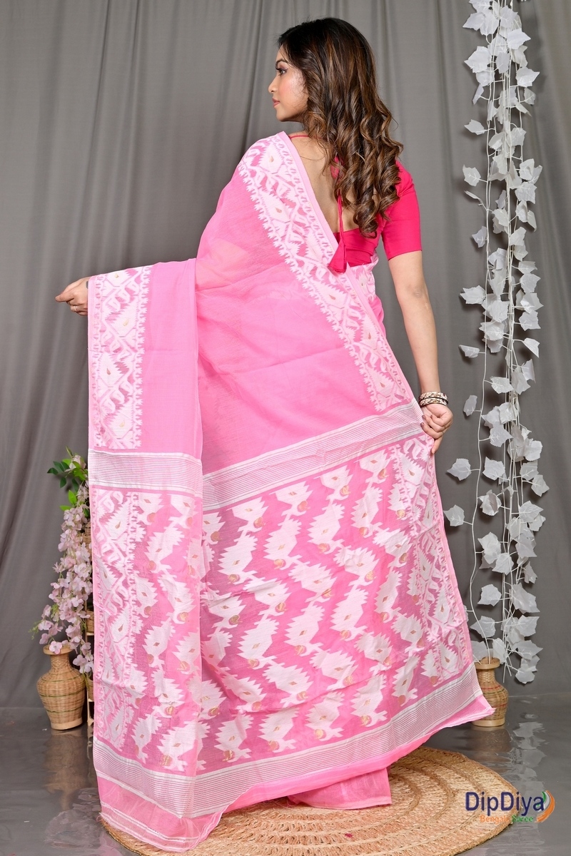 Pink White Cotton Blended Parv Jamdani Saree (560)