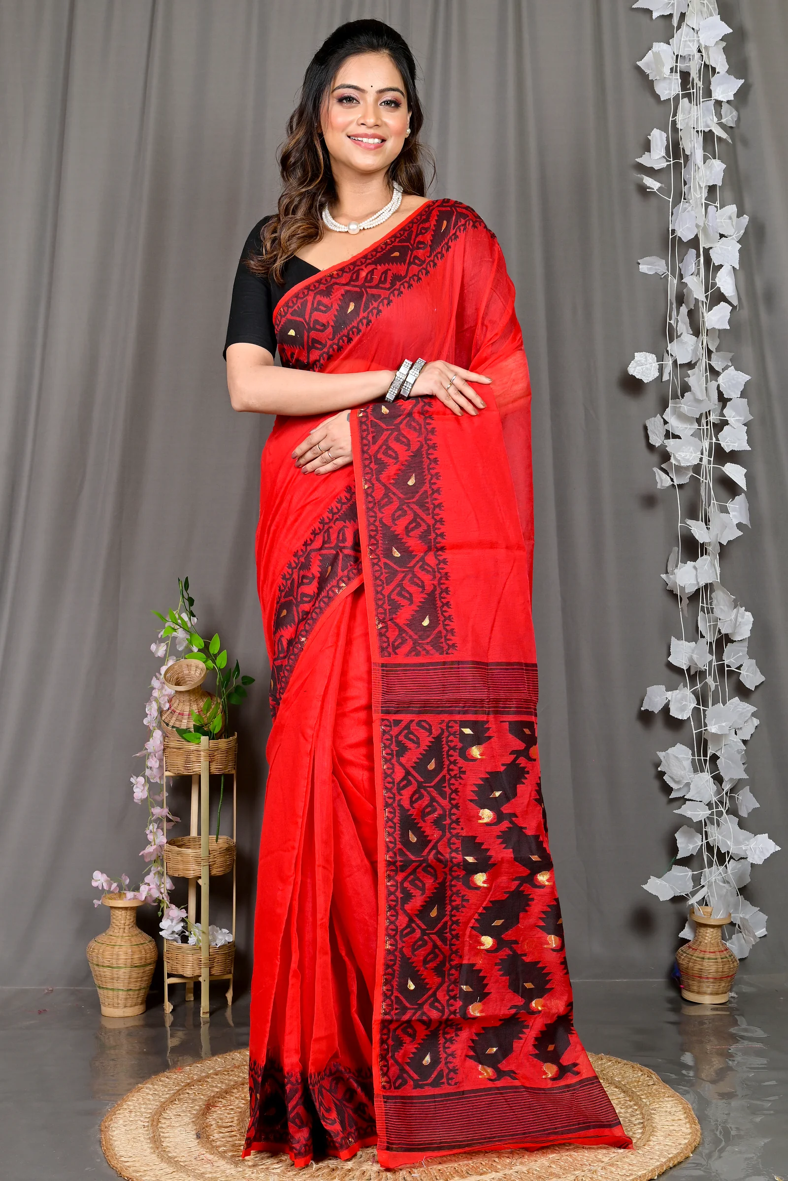 Maroon Cotton Blended Parv Jamdani Saree (561)