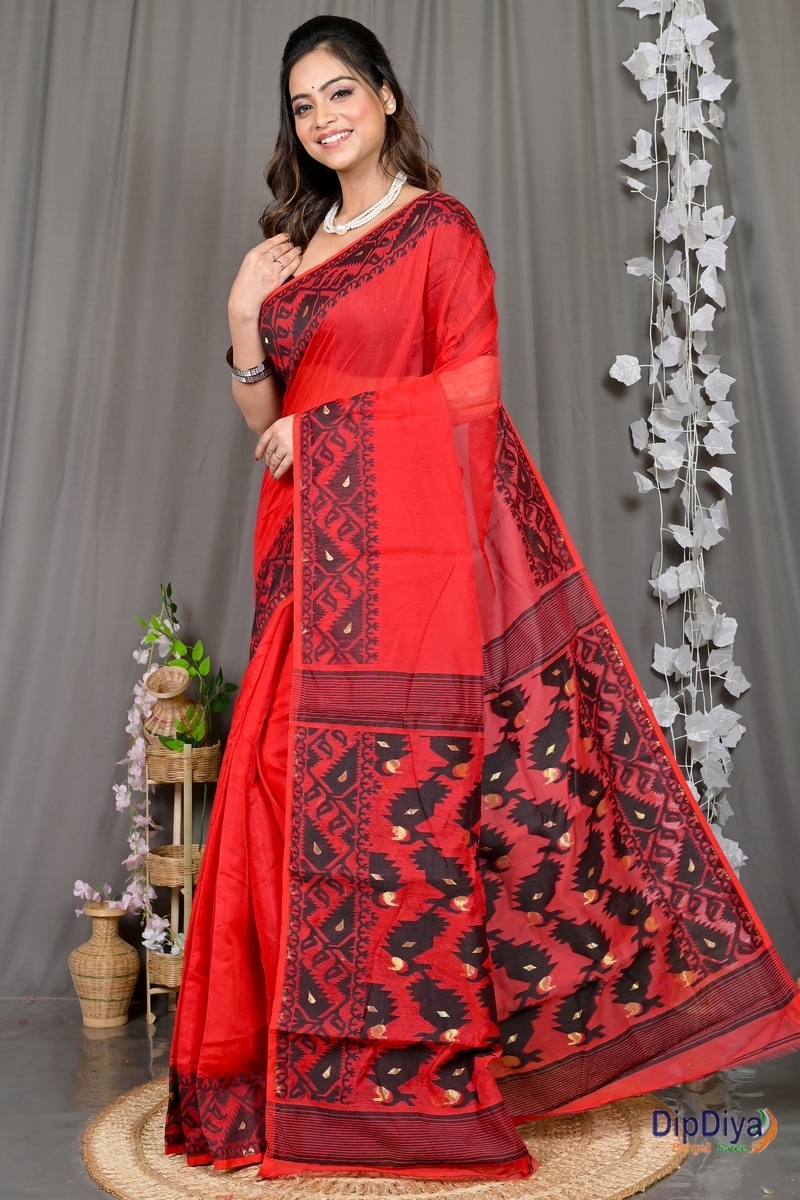 Maroon Cotton Blended Parv Jamdani Saree (561)