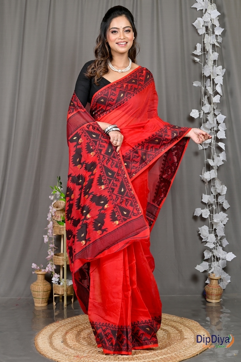 Maroon Cotton Blended Parv Jamdani Saree (561)