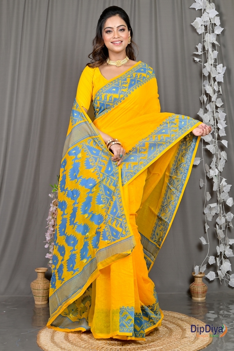 Yellow Blue Cotton Blended Parv Jamdani Saree (562)