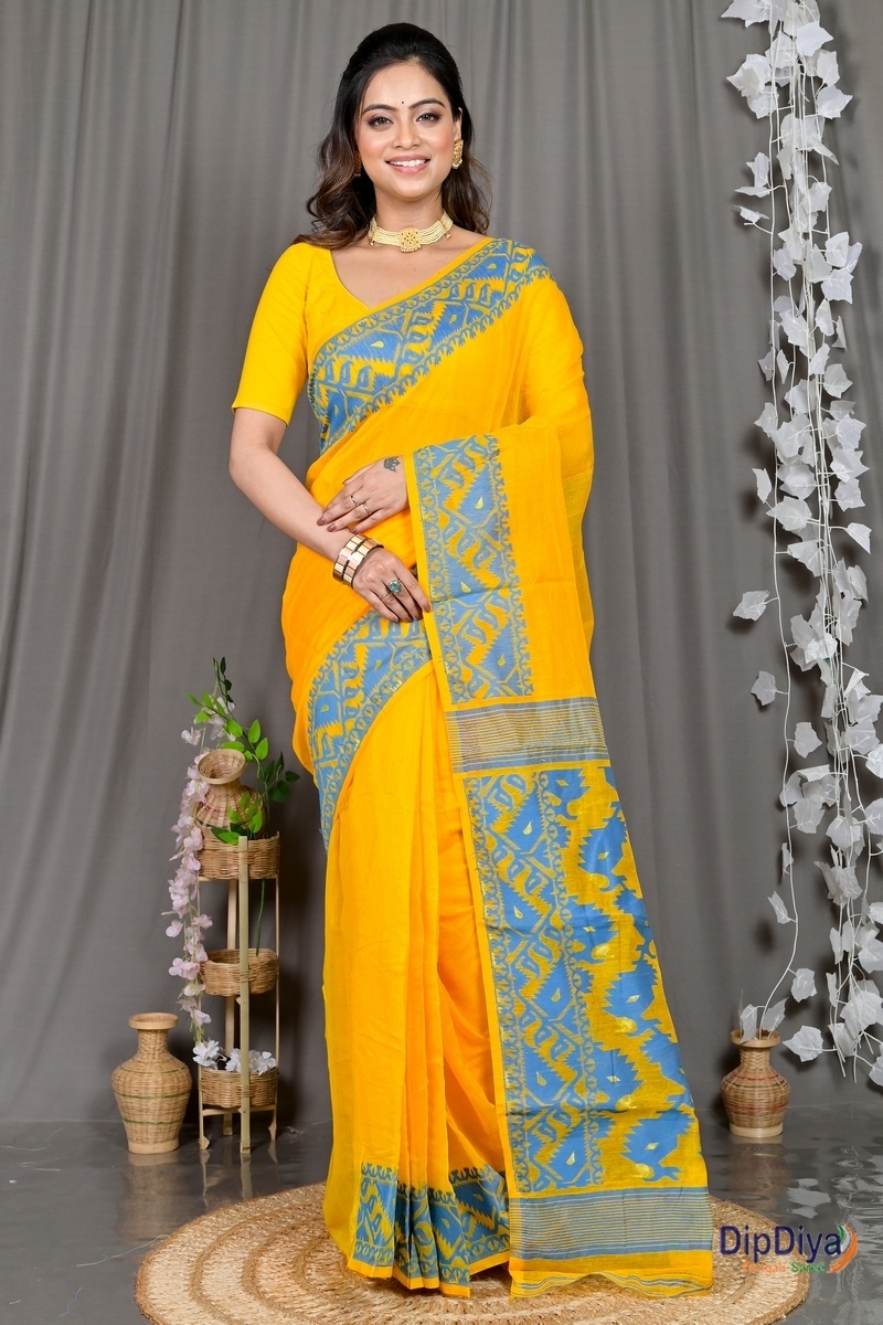 Yellow Blue Cotton Blended Parv Jamdani Saree (562)