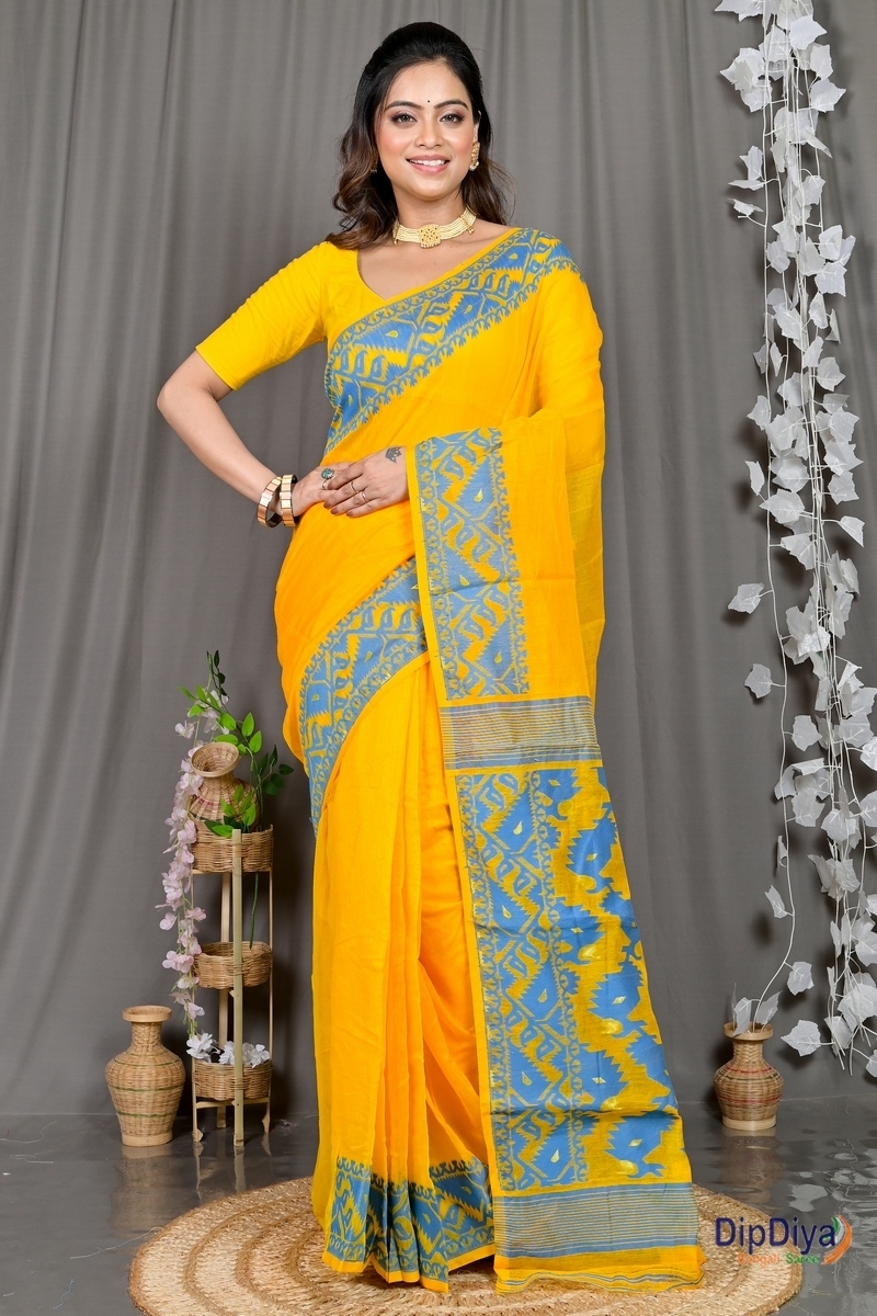 Yellow Blue Cotton Blended Parv Jamdani Saree (562)