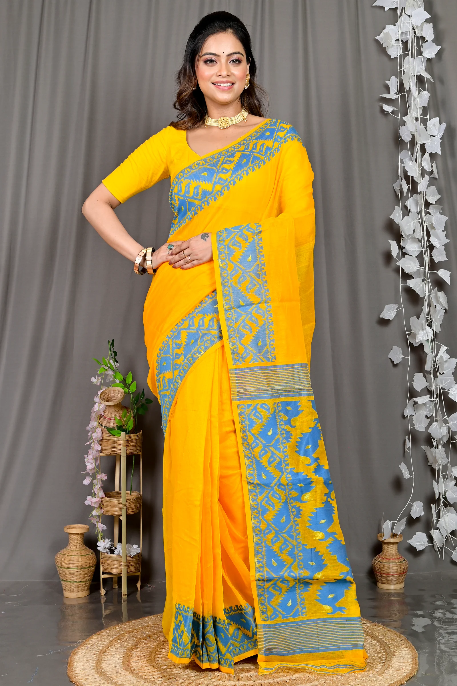 Yellow Blue Cotton Blended Parv Jamdani Saree (562)