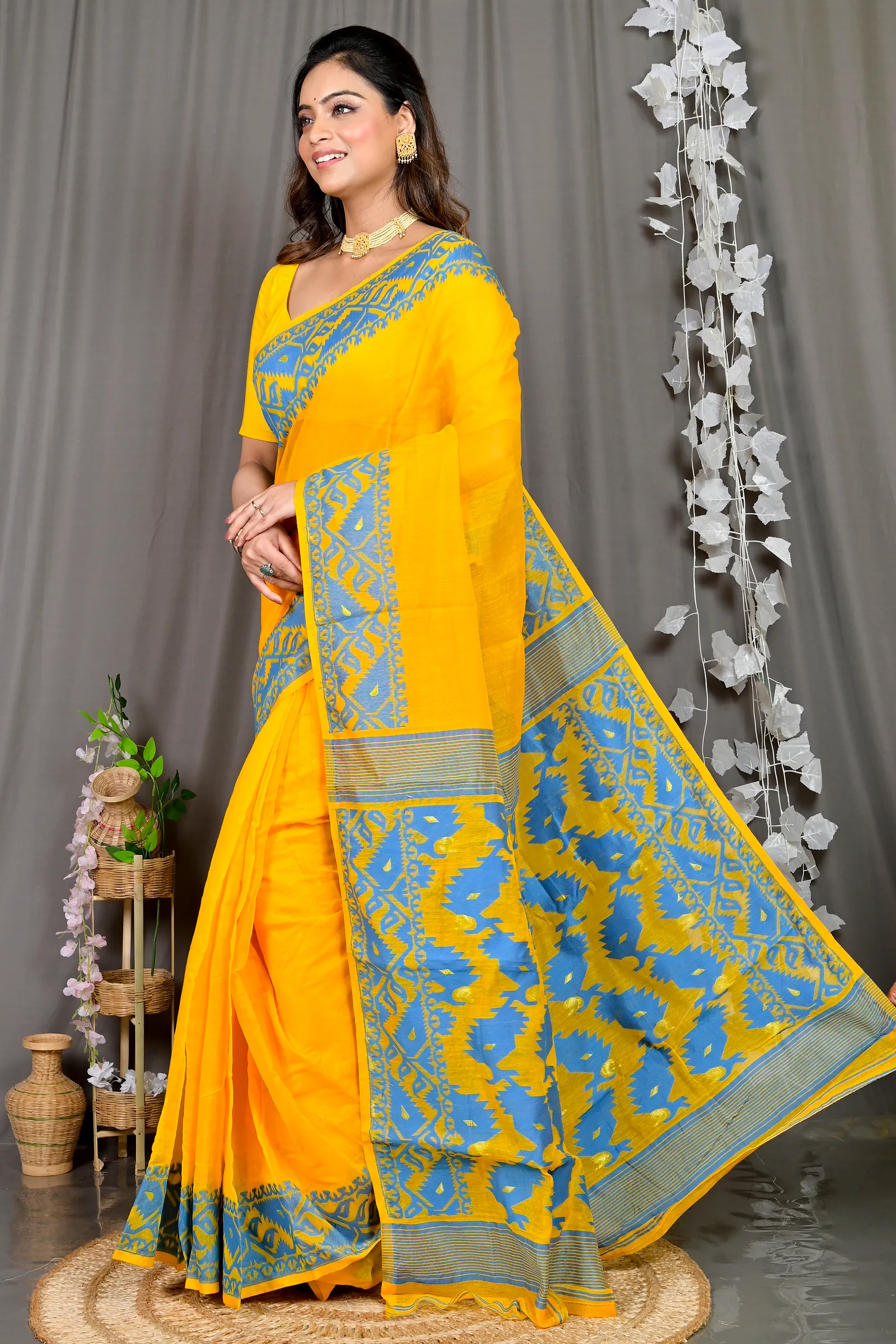 Yellow Blue Cotton Blended Parv Jamdani Saree (562)