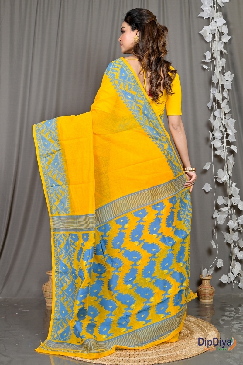 Yellow Blue Cotton Blended Parv Jamdani Saree (562)