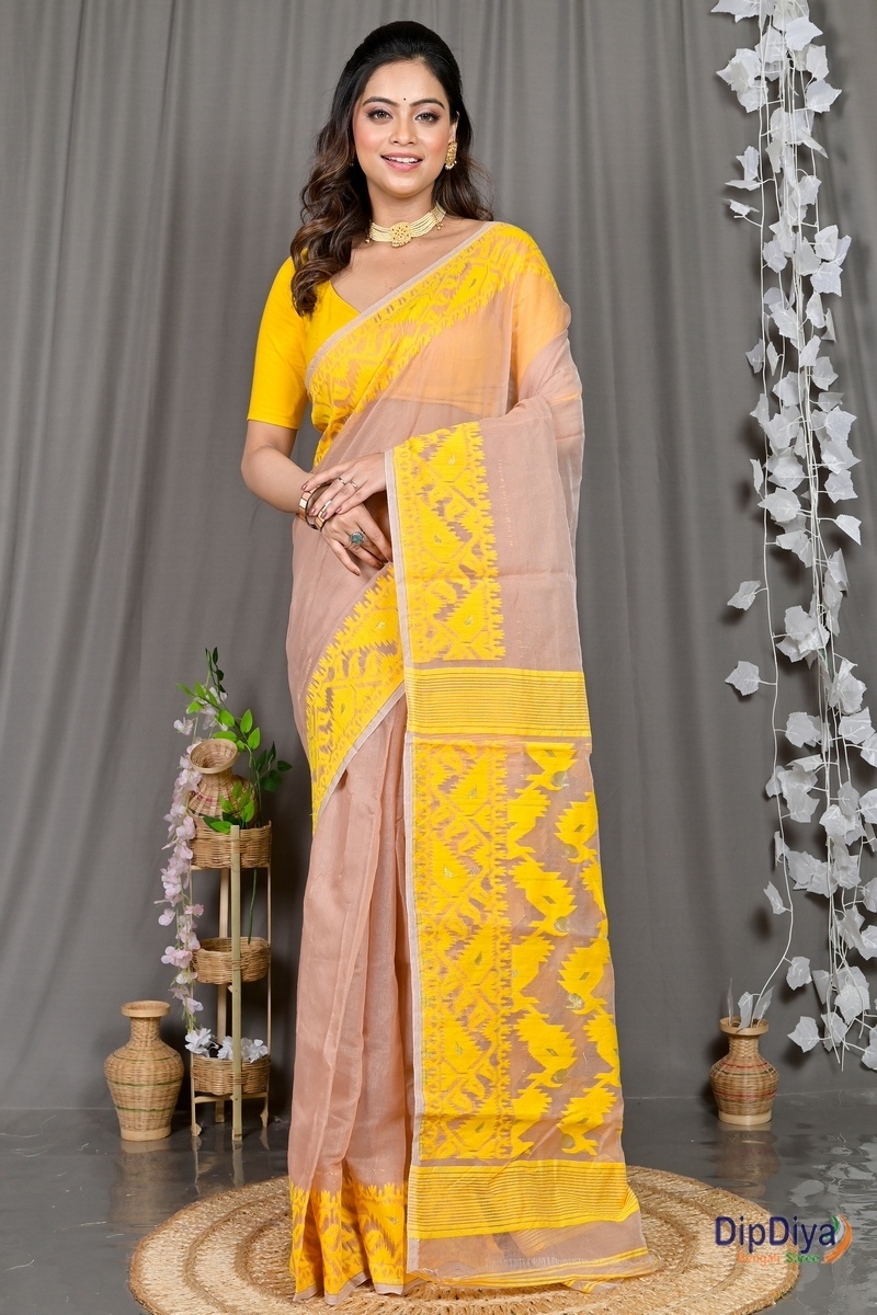 Brown Yellow Cotton Blended Parv Jamdani Saree (563)
