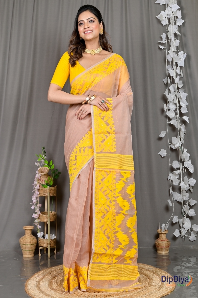 Brown Yellow Cotton Blended Parv Jamdani Saree (563)