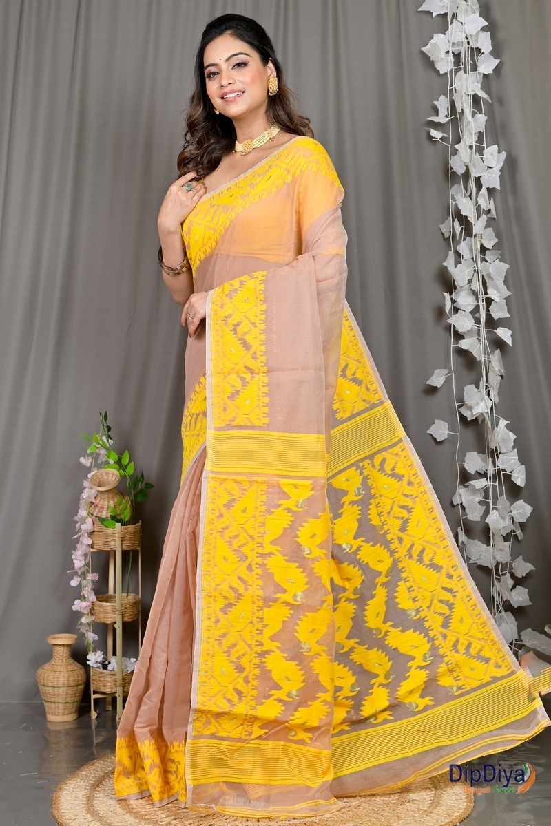 Brown Yellow Cotton Blended Parv Jamdani Saree (563)