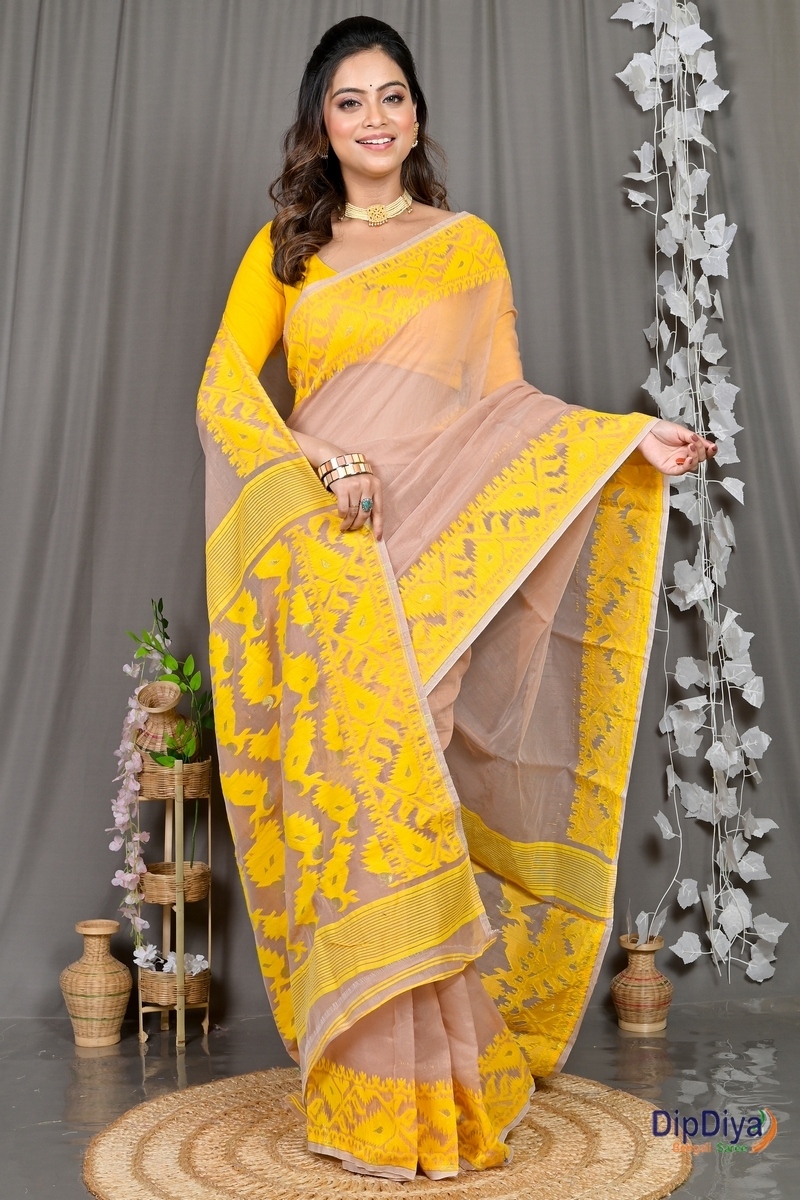 Brown Yellow Cotton Blended Parv Jamdani Saree (563)