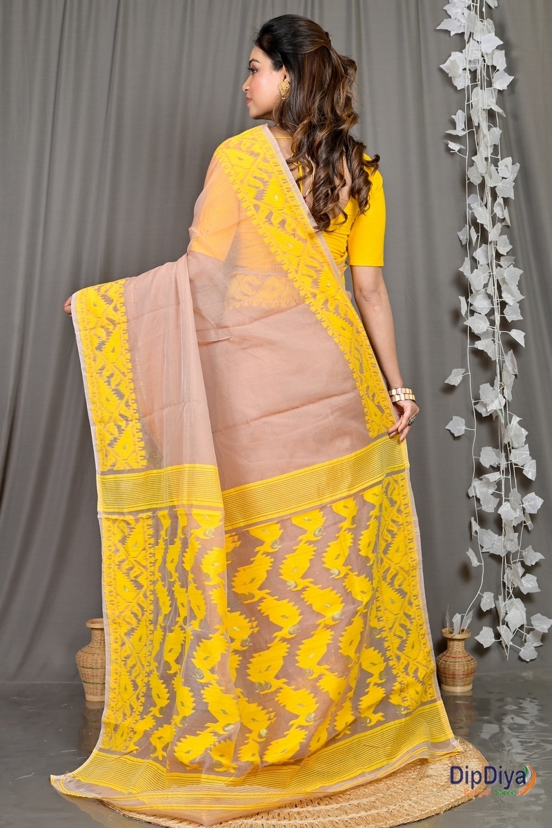 Brown Yellow Cotton Blended Parv Jamdani Saree (563)