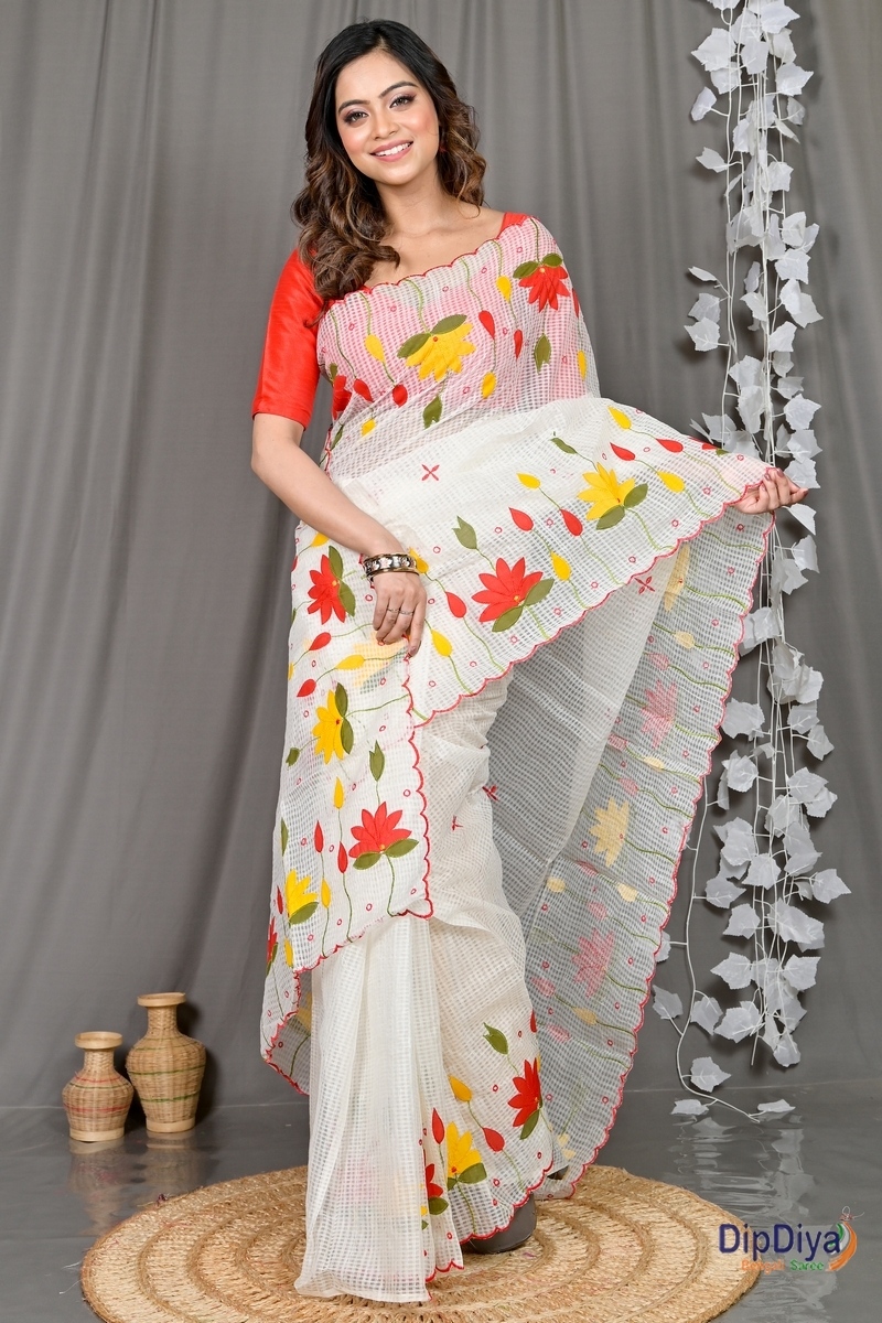White Kota Cotton Parva Applique Saree (564)
