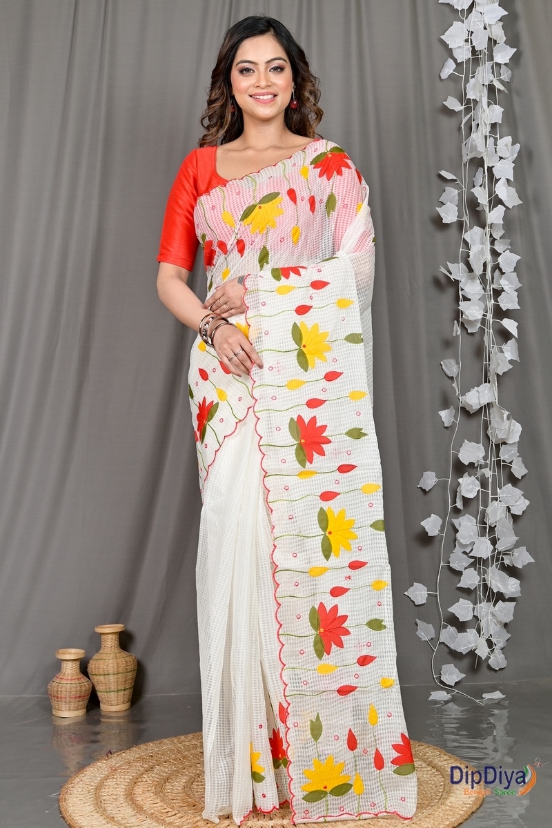 White Kota Cotton Parva Applique Saree (564)