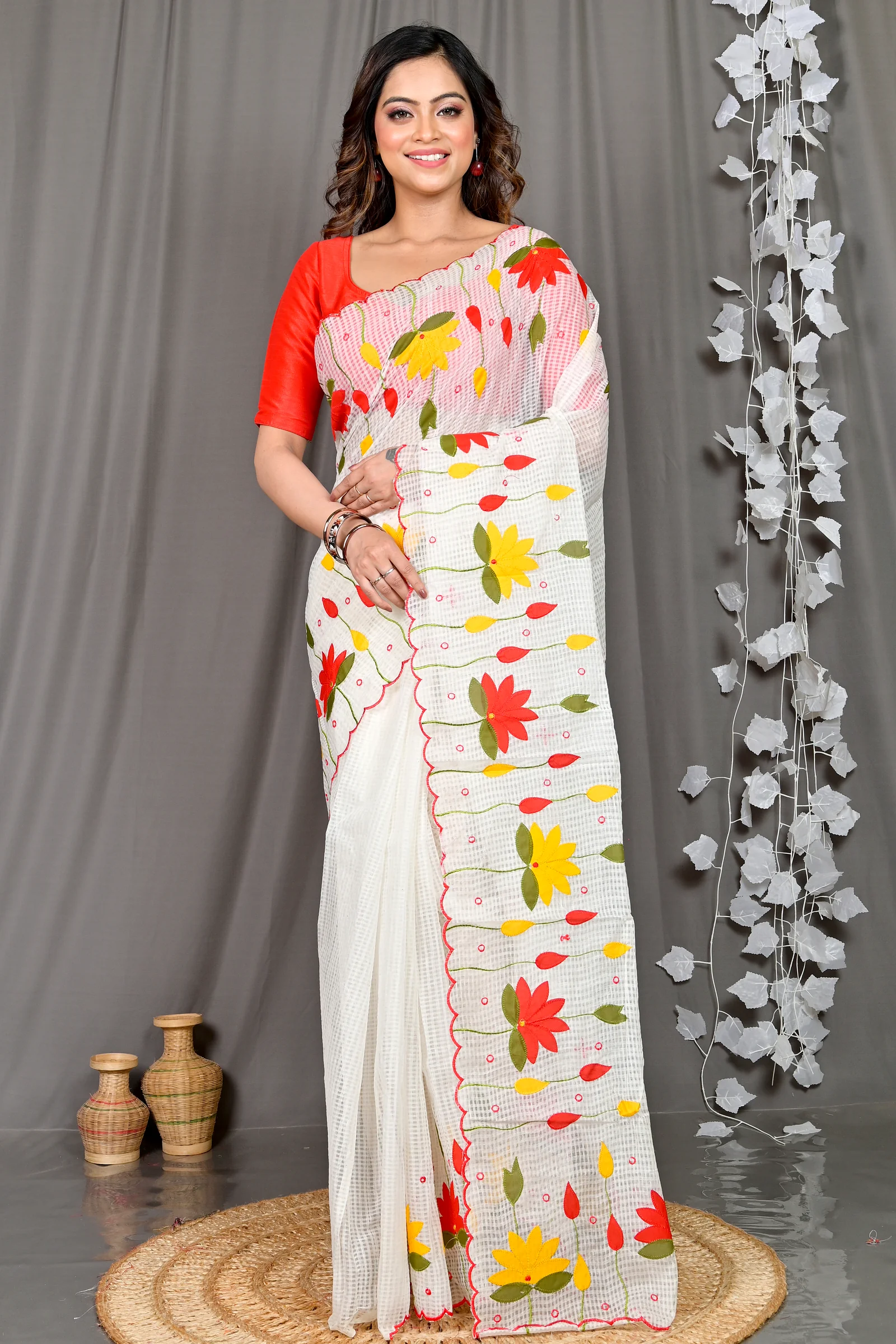 White Kota Cotton Parva Applique Saree (564)
