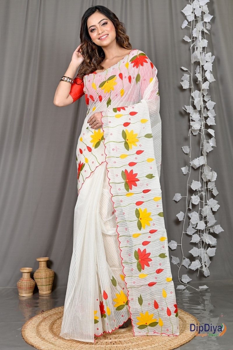 White Kota Cotton Parva Applique Saree (564)