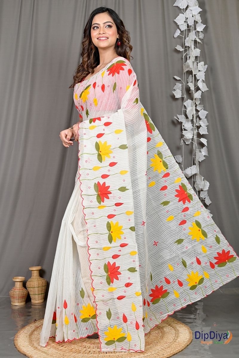 White Kota Cotton Parva Applique Saree (564)
