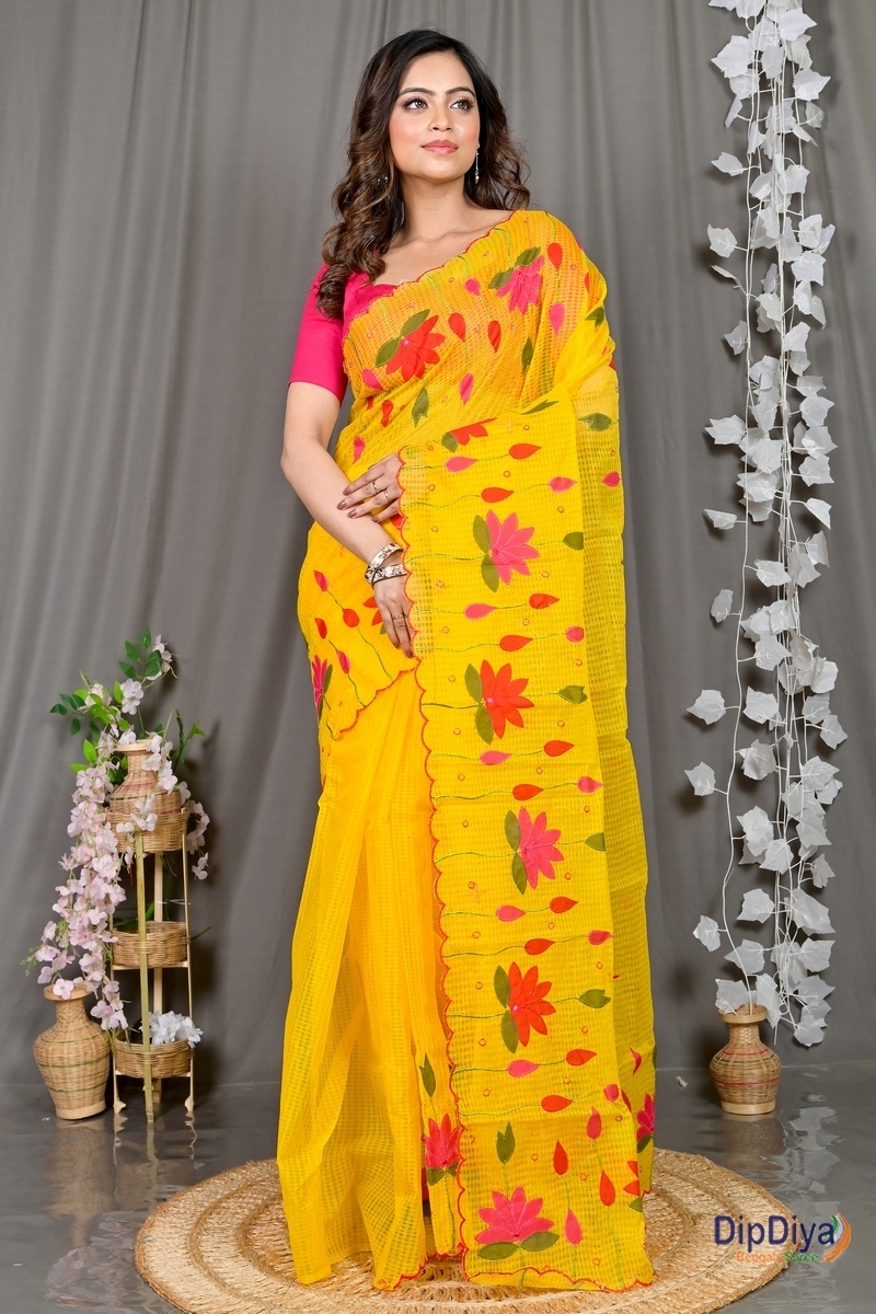 Yellow Kota Cotton Parva Applique Saree (566)