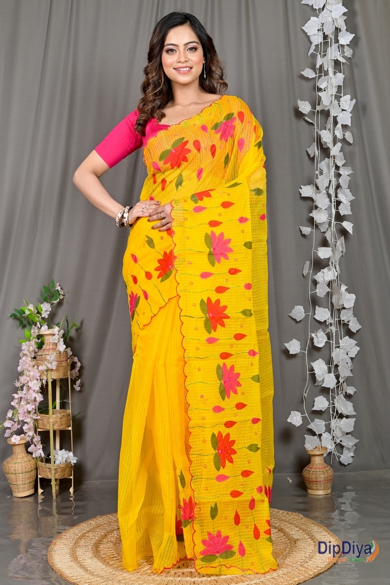 Yellow Kota Cotton Parva Applique Saree (566)