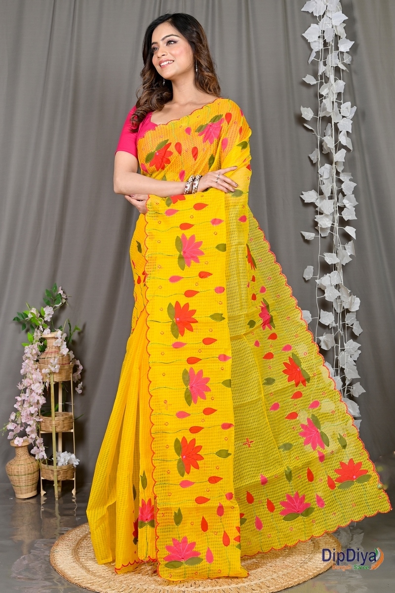 Yellow Kota Cotton Parva Applique Saree (566)
