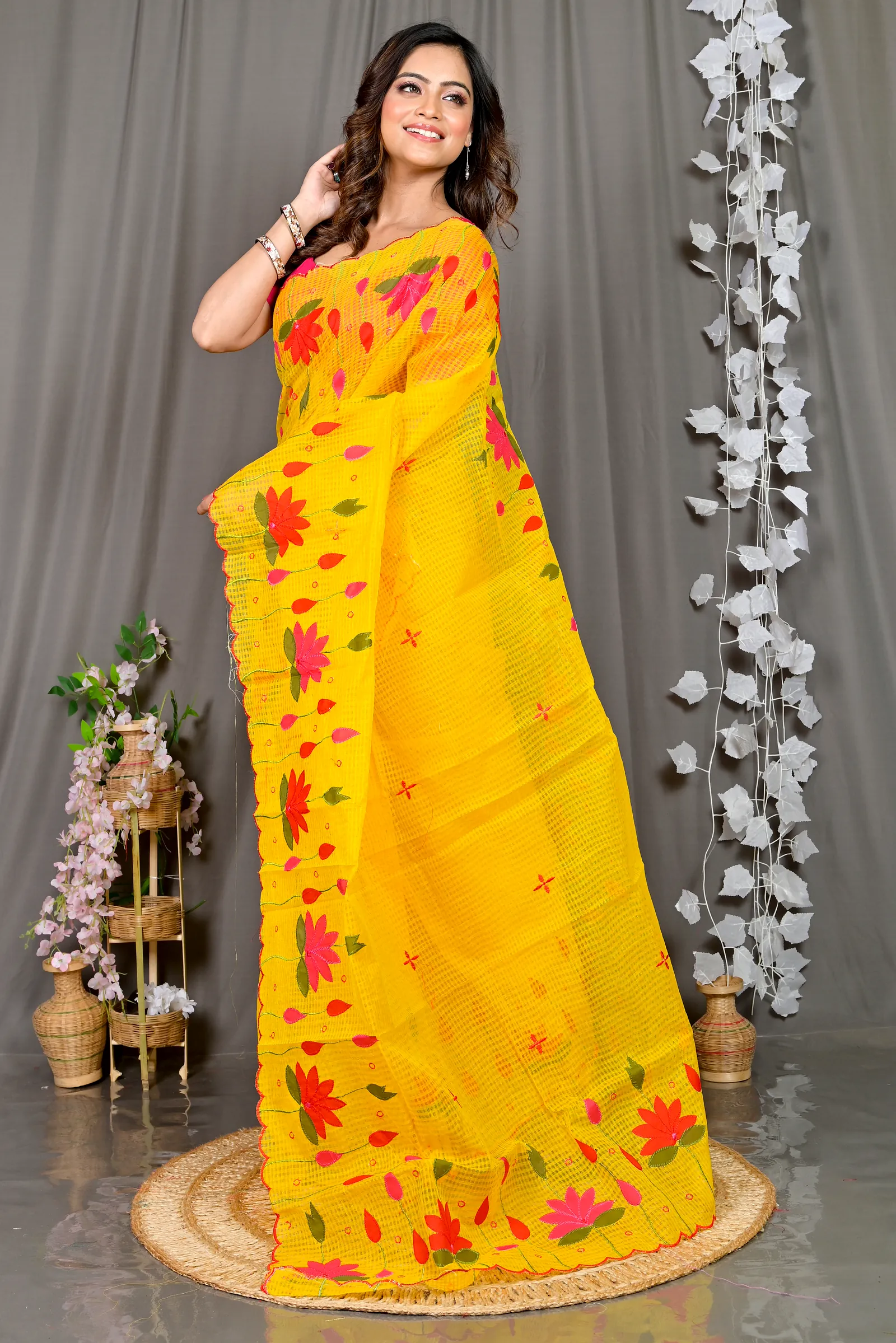 Yellow Kota Cotton Parva Applique Saree (566)