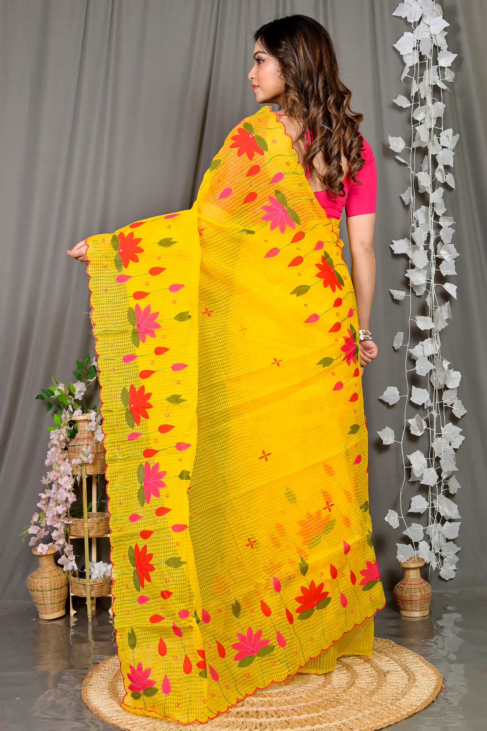 Yellow Kota Cotton Parva Applique Saree (566)