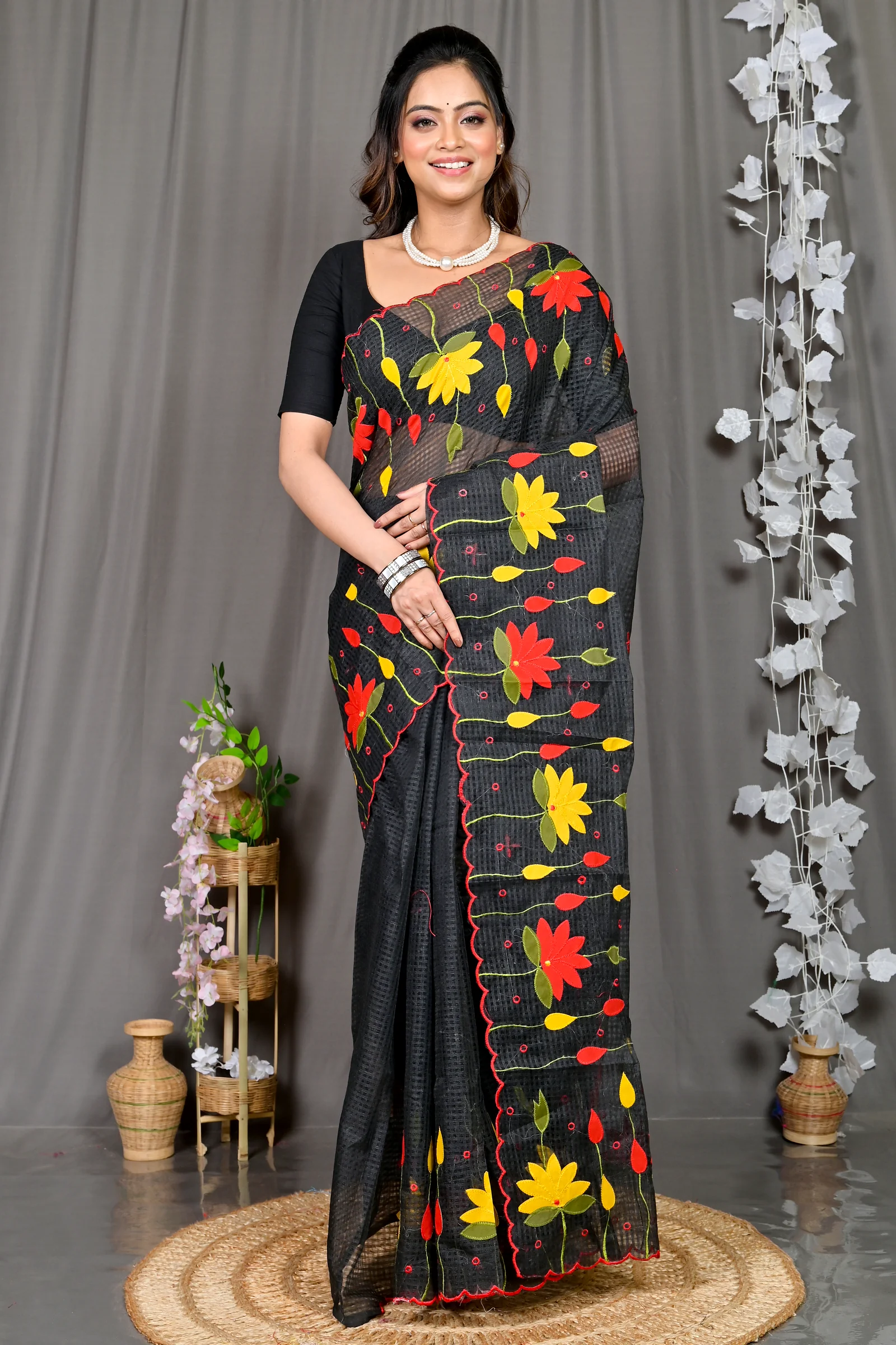 Black Kota Cotton Parva Applique Saree (567)