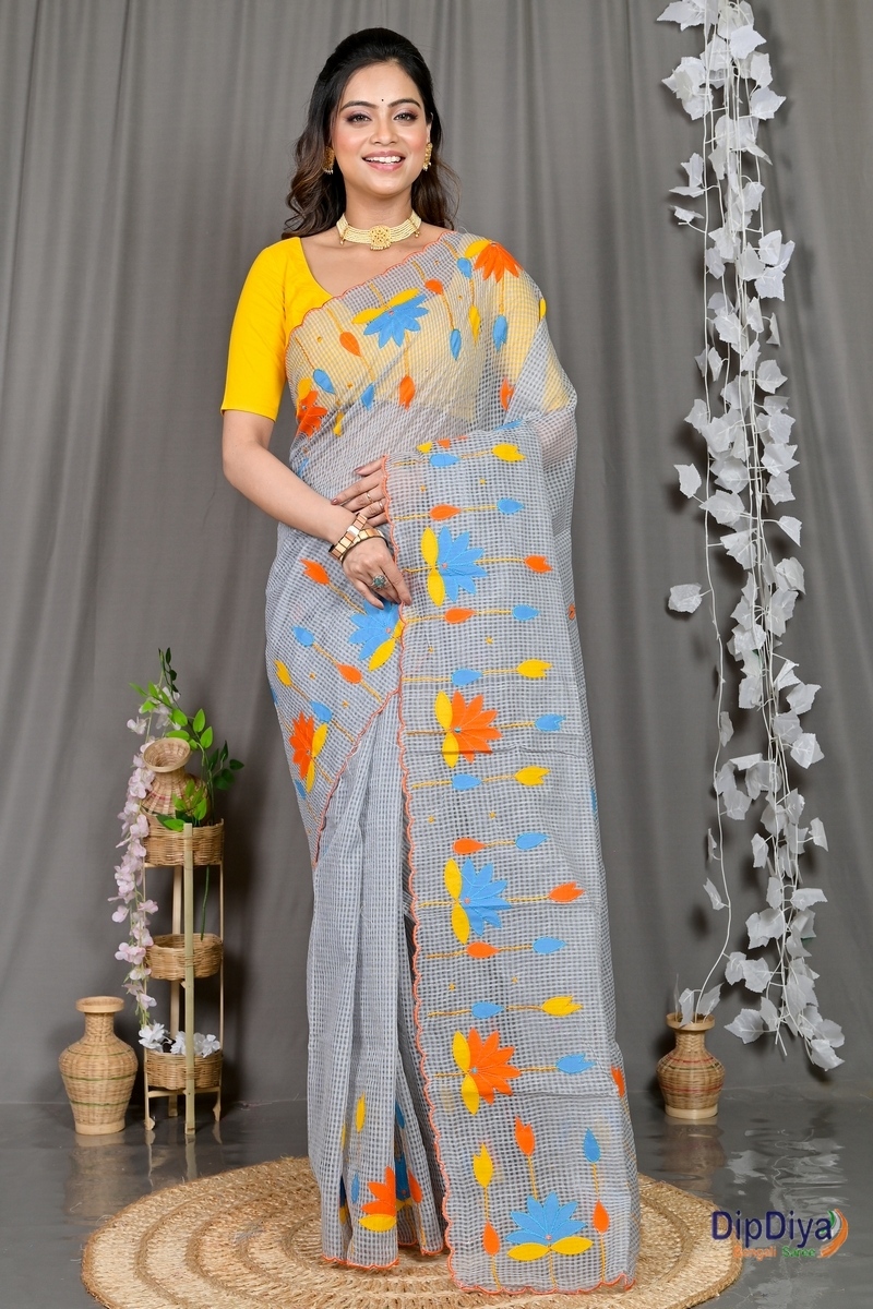 Grey Kota Cotton Parva Applique Saree (568)