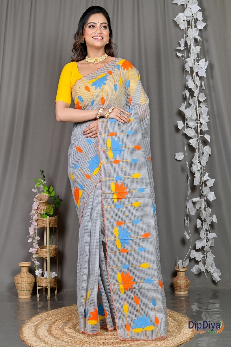 Grey Kota Cotton Parva Applique Saree (568)
