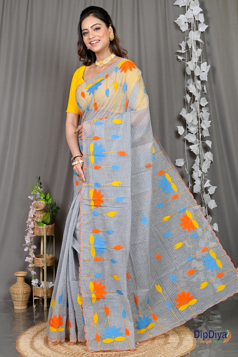 Grey Kota Cotton Parva Applique Saree (568)