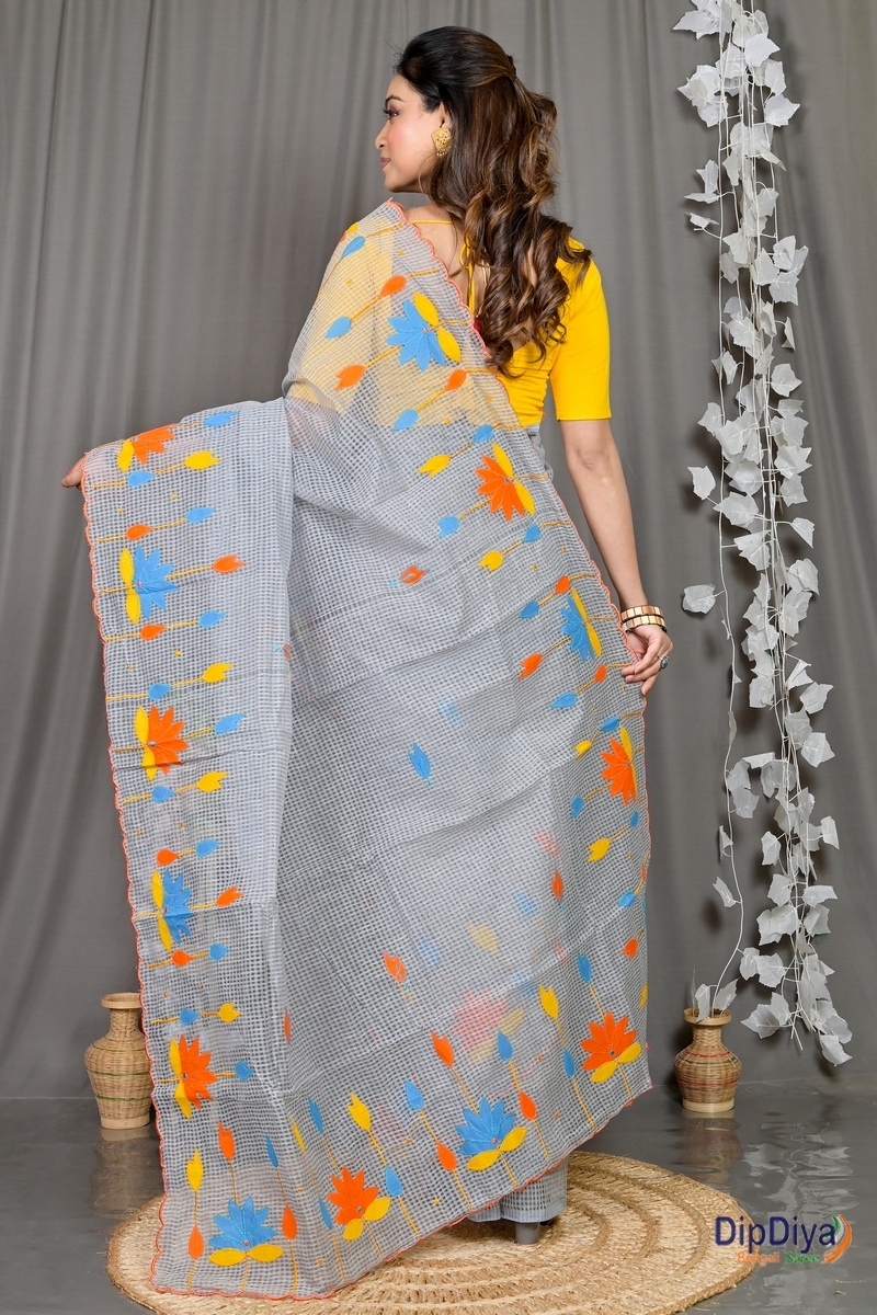 Grey Kota Cotton Parva Applique Saree (568)