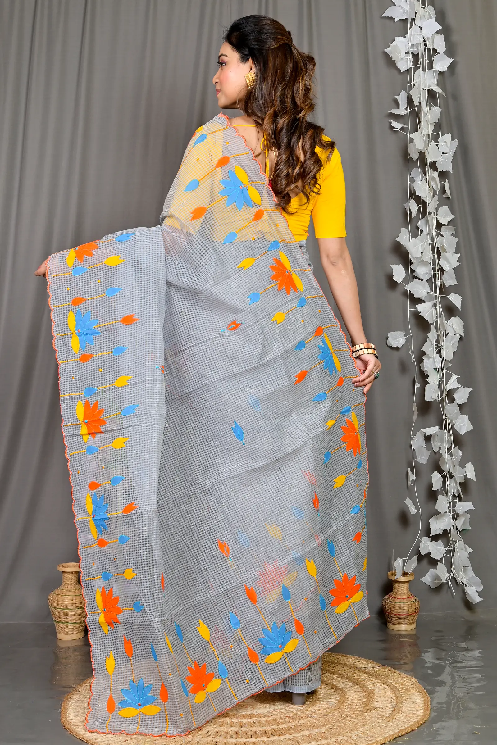 Grey Kota Cotton Parva Applique Saree (568)